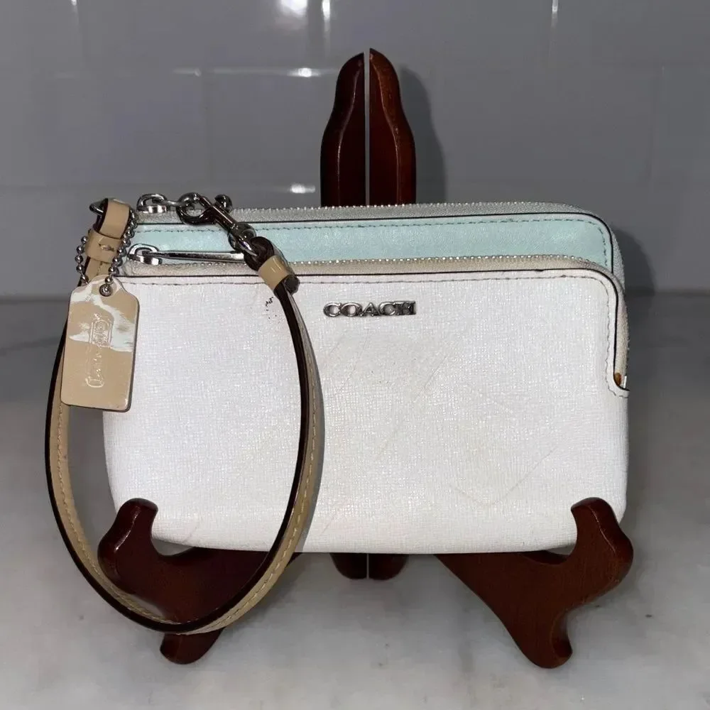 Coach Wristlet Bag Purse Cross Grain & Patent Leather Double Zipper Pouch Wallet
